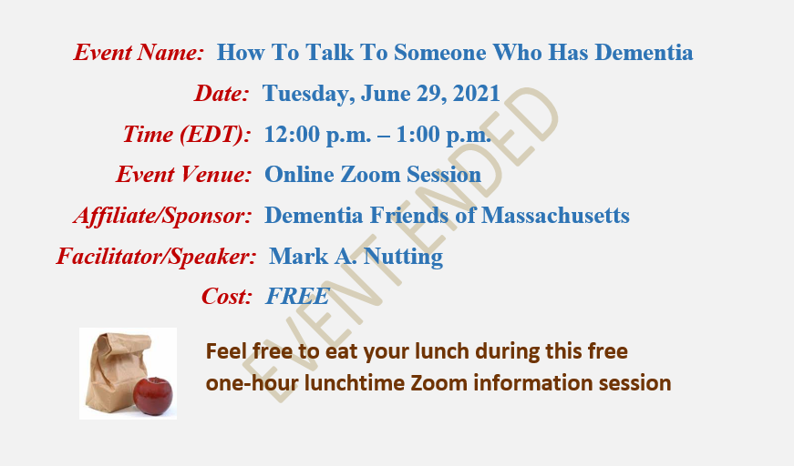 Mark A Nutting speaker on How To Talk To Someone Who Has Dementia, Dementia Friends Massachusetts