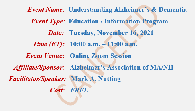 10 Warning Signs of Alzheimer's, Mark A Nutting Speaker, Alzheimer's Association