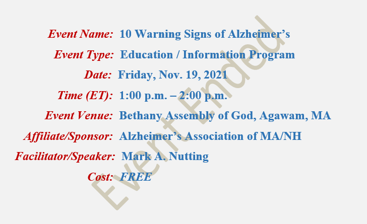 10 Warning Signs of Alzheimer's, Alzheimer's Association, Bethany Assembly of God