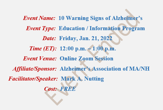10 Warning Signs of Alzheimer's, Mark A Nutting Speaker, Alzheimer's Association