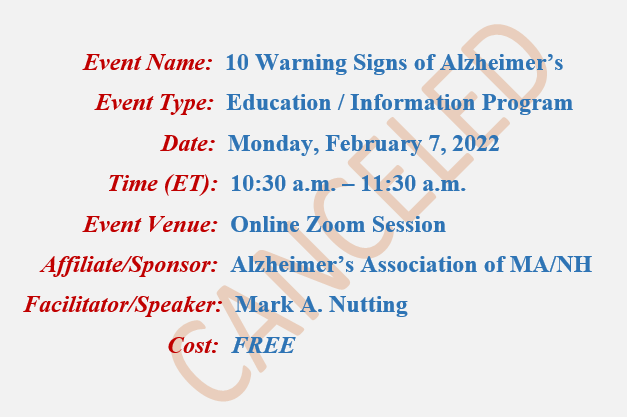 10 Warning Signs of Alzheimer's, Mark A Nutting Speaker, Alzheimer's Association