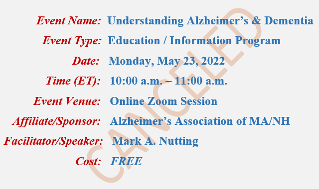 Understanding Alzheimer's & Dementia Group Mark A Nutting Speaker, Alzheimer's Association
