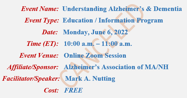 Understanding Alzheimer's & Dementia Mark A Nutting Speaker, Alzheimer's Association
