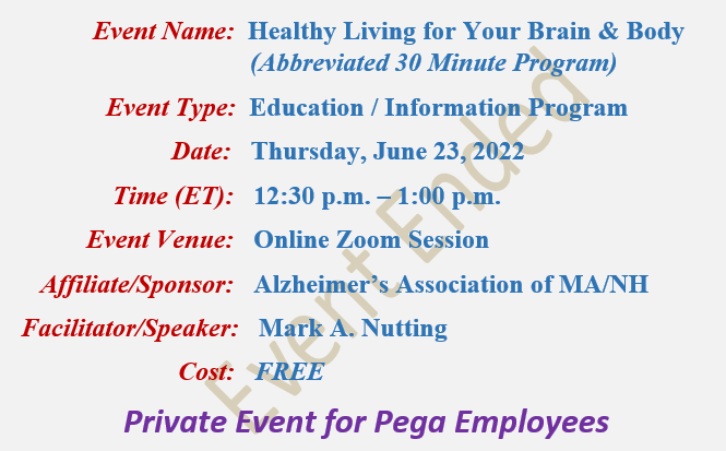 Healthy Living For Your Brain and Body, Mark A Nutting Speaker, Alzheimer's Association