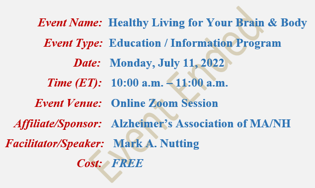 Healthy Living For Your Brain and Body, Mark A Nutting Speaker, Alzheimer's Association