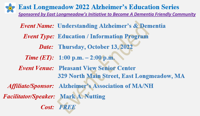 Understanding Alzheimer's & Dementia, Mark A Nutting Speaker, Pleasant View Senior Cente