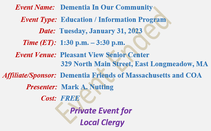 Dementia In Our Community, Mark A Nutting Speaker, East Longmeadow Clergy, Dementia Friends