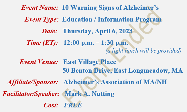 10 Warning Signs of Alzheimer's, Mark A Nutting Speaker, East Village Place