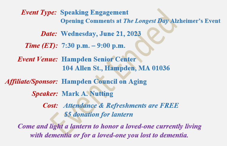 The Longest Day, Mark A Nutting Speaker, Hampden Senior Center