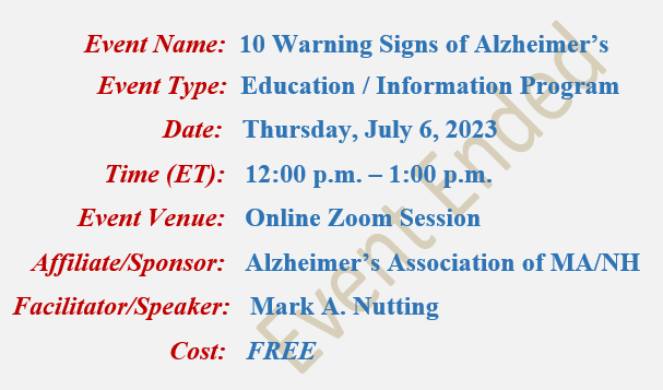 10 Warning Signs of Alzheimer's, Mark A Nutting Speaker, Alzheimer's Association