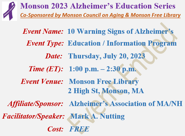 10 Warning Signs of Alzheimer's, Mark A Nutting Speaker, Monson Free Library