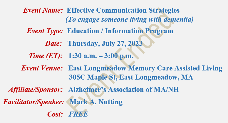 Effective Communication Strategies, Mark A Nutting Speaker, East Longmeadow Memory Care Assisted Living