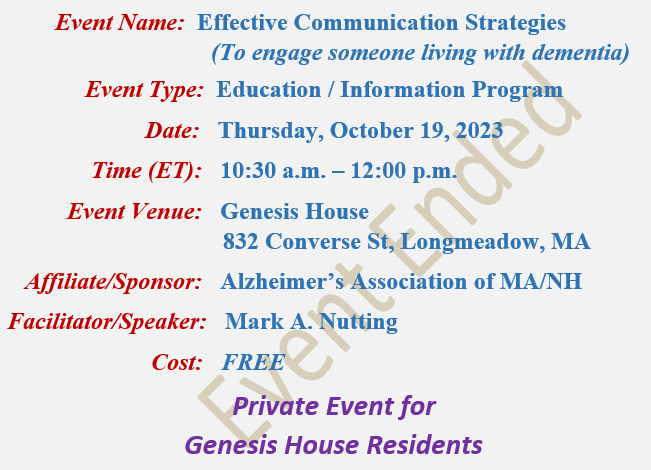 Effective Communication Strategies, Mark A Nutting Speaker, Genesis House Longmeadow