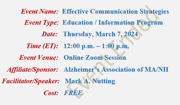 Effective Communication Strategies, Mark A Nutting Speaker, Alzheimer's Association