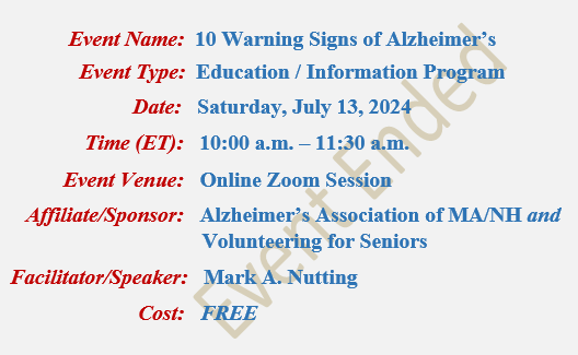 10 Warning Signs of Alzheimer's, Mark A Nutting Speaker, Volunteering for Seniors