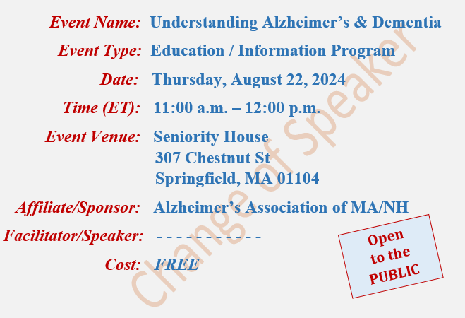 Understanding Alzheimer's & Dementia, Mark A Nutting Speaker, Alzheimer's Association, Seniority House