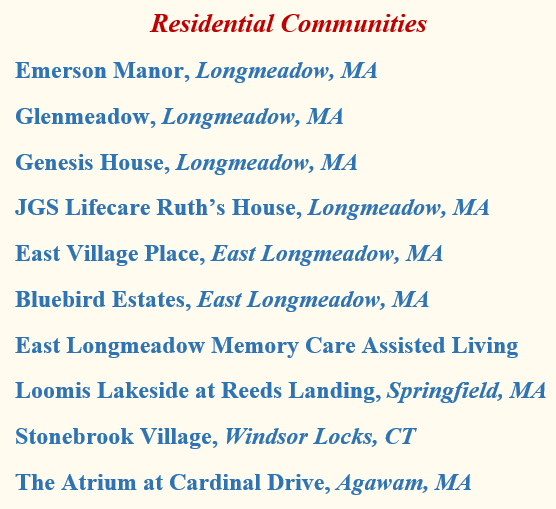 author Mark A Nutting Residential Venues, Emerson Manor Longmeadow MA, Glenmeadow Longmeadow MA, Genesis House Longemeadow MA, JGS Lifecare Ruth's House Longmeadow MA, East Village Place East Longmeadow MA, Bluebird Estates East Longmeadow MA, East Longmeadow Memory Care Assited Living, Loomis Lakeside at Reed's Landing Springfield MA, Stonebrook Village Windsor Locks CT