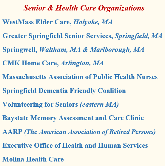 author Mark A Nutting Senior Health Venues, WestMass Elder Care, Greater Springfield Senior Services, CMK Home Care, Massachusetts Association of Public Health Nurses, Springfield Friendly Dementia Coalition, Volunteering for Seniors